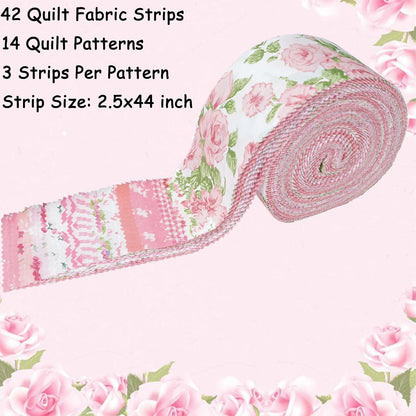 Jelly Roll Fabric Strips for Quilting, Crafting, and Sewing, 42 Strip Assorted Bundle, Soft Cotton for Blanket, Rug, Upholstery, Home Decor, and Purse Making, Pink