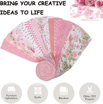 Jelly Roll Fabric Strips for Quilting, Crafting, and Sewing, 42 Strip Assorted Bundle, Soft Cotton for Blanket, Rug, Upholstery, Home Decor, and Purse Making, Pink