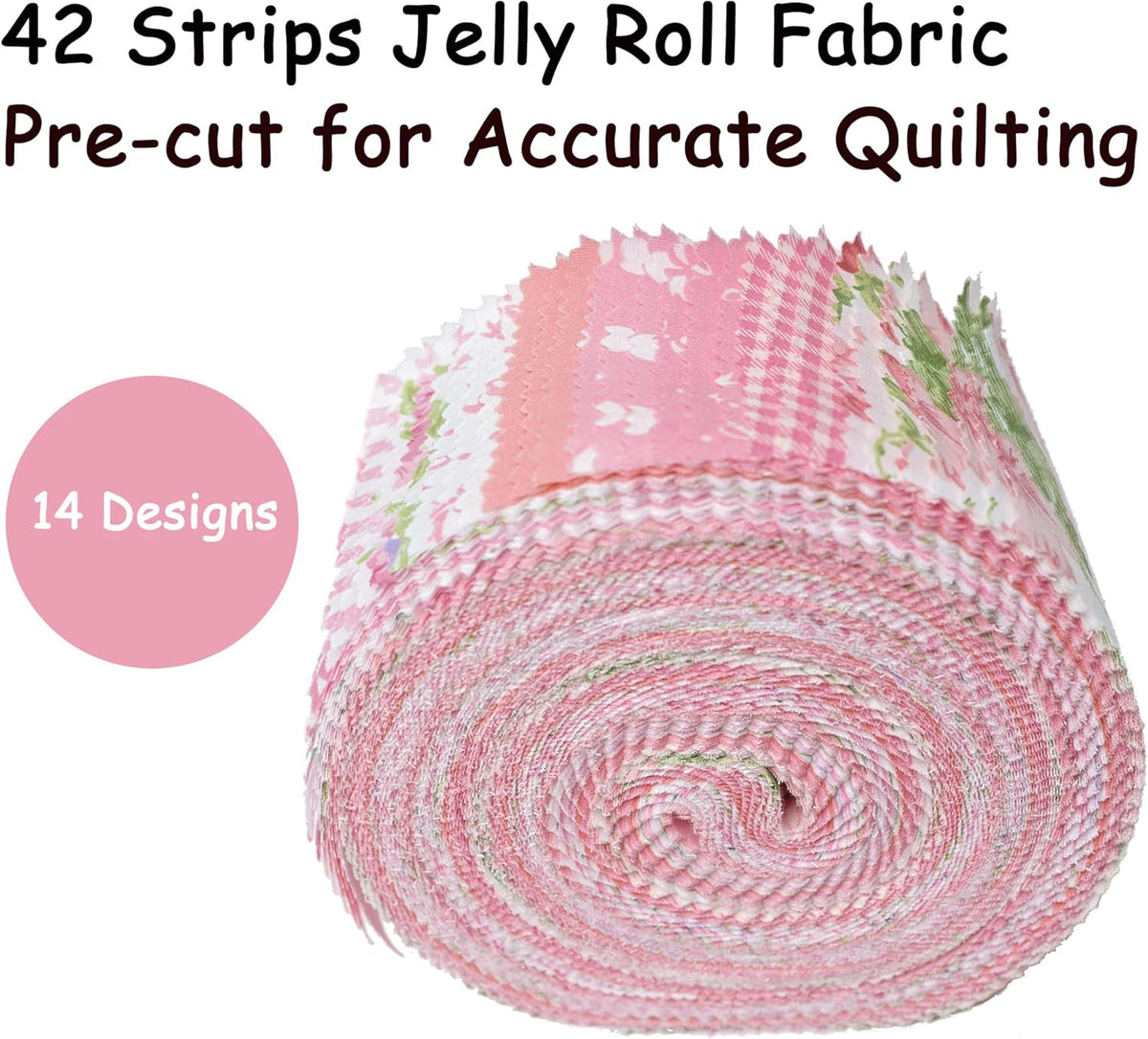 Jelly Roll Fabric Strips for Quilting, Crafting, and Sewing, 42 Strip Assorted Bundle, Soft Cotton for Blanket, Rug, Upholstery, Home Decor, and Purse Making, Pink