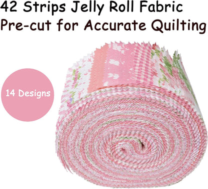 Jelly Roll Fabric Strips for Quilting, Crafting, and Sewing, 42 Strip Assorted Bundle, Soft Cotton for Blanket, Rug, Upholstery, Home Decor, and Purse Making, Pink