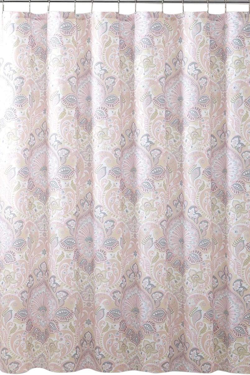 Luxury Decorative Pink Fabric Shower Curtain for Bathroom: Floral Damask Pattern in Soft Pastels of Blush with Yellow Grey White Accents, 72 x 72 inches