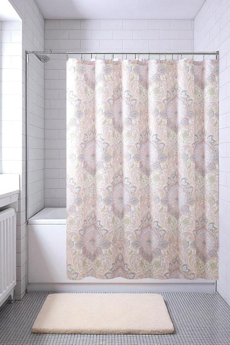 Luxury Decorative Pink Fabric Shower Curtain for Bathroom: Floral Damask Pattern in Soft Pastels of Blush with Yellow Grey White Accents, 72 x 72 inches