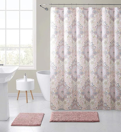 Luxury Decorative Pink Fabric Shower Curtain for Bathroom: Floral Damask Pattern in Soft Pastels of Blush with Yellow Grey White Accents, 72 x 72 inches