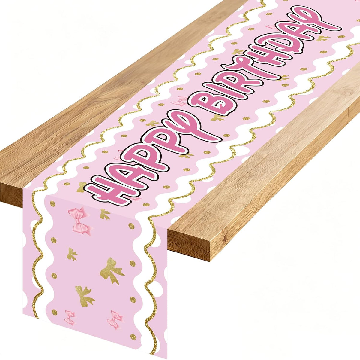 Happy Birthday Table Runner Pink Gold Bow Party Decoration