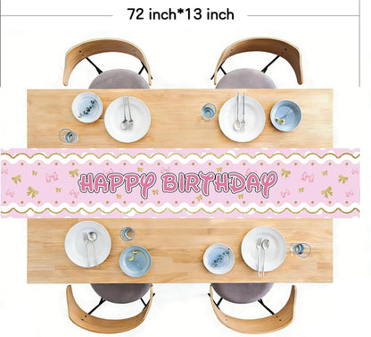 Happy Birthday Table Runner Pink Gold Bow Party Decoration
