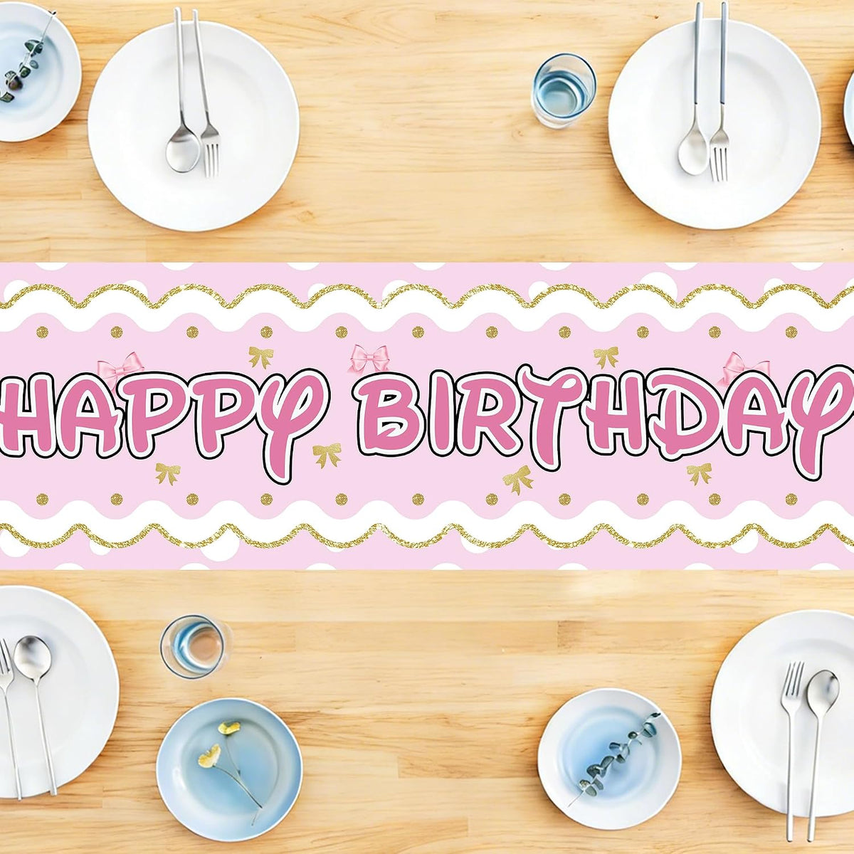 Happy Birthday Table Runner Pink Gold Bow Party Decoration