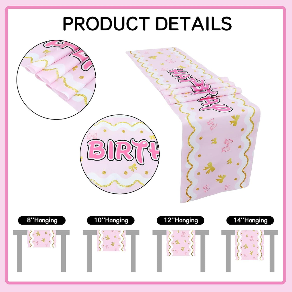 Happy Birthday Table Runner Pink Gold Bow Party Decoration