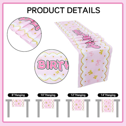 Happy Birthday Table Runner Pink Gold Bow Party Decoration