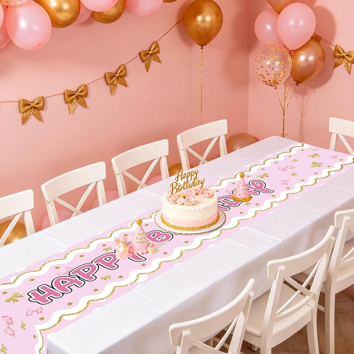 Happy Birthday Table Runner Pink Gold Bow Party Decoration