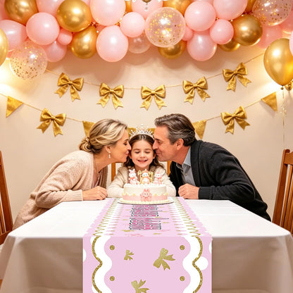 Happy Birthday Table Runner Pink Gold Bow Party Decoration