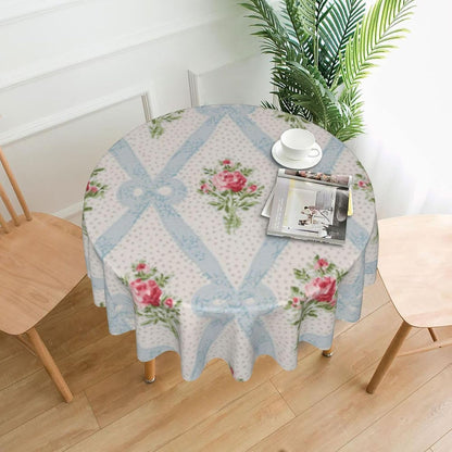 Pink Victorian Roses with Blue Ribbon Lattice Round Tablecloths 60 Inch Decorative Washable Fabric Table Covers for Dining Kitchen Party Outdoor