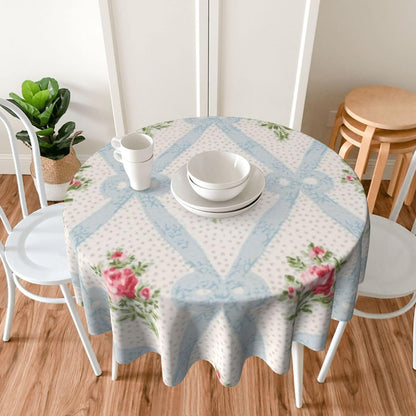 Pink Victorian Roses with Blue Ribbon Lattice Round Tablecloths 60 Inch Decorative Washable Fabric Table Covers for Dining Kitchen Party Outdoor