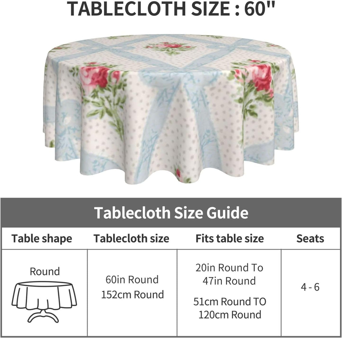 Pink Victorian Roses with Blue Ribbon Lattice Round Tablecloths 60 Inch Decorative Washable Fabric Table Covers for Dining Kitchen Party Outdoor