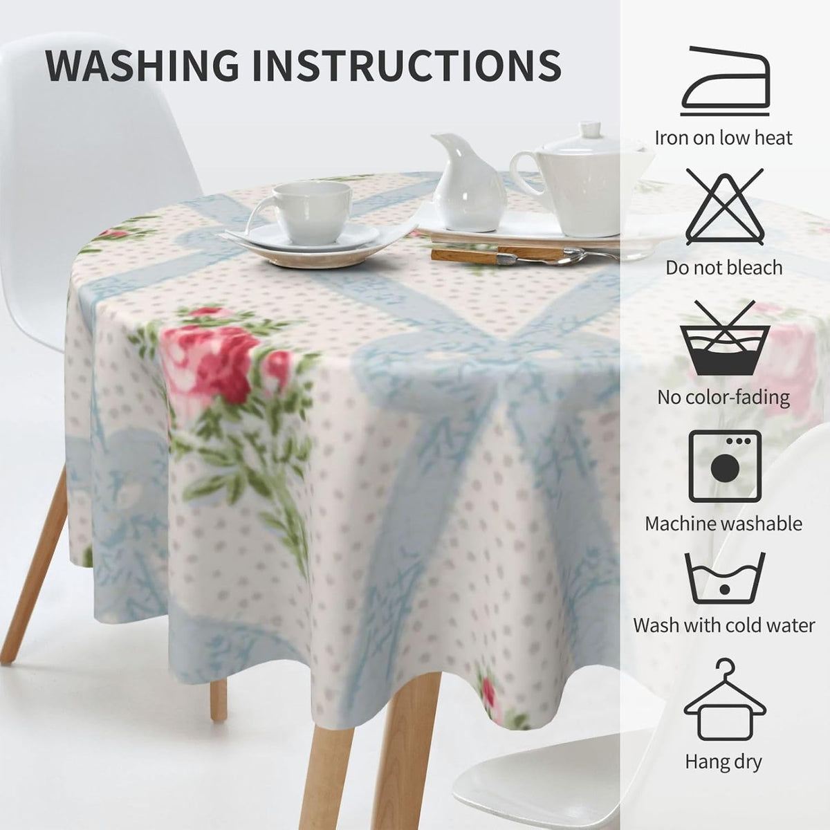 Pink Victorian Roses with Blue Ribbon Lattice Round Tablecloths 60 Inch Decorative Washable Fabric Table Covers for Dining Kitchen Party Outdoor