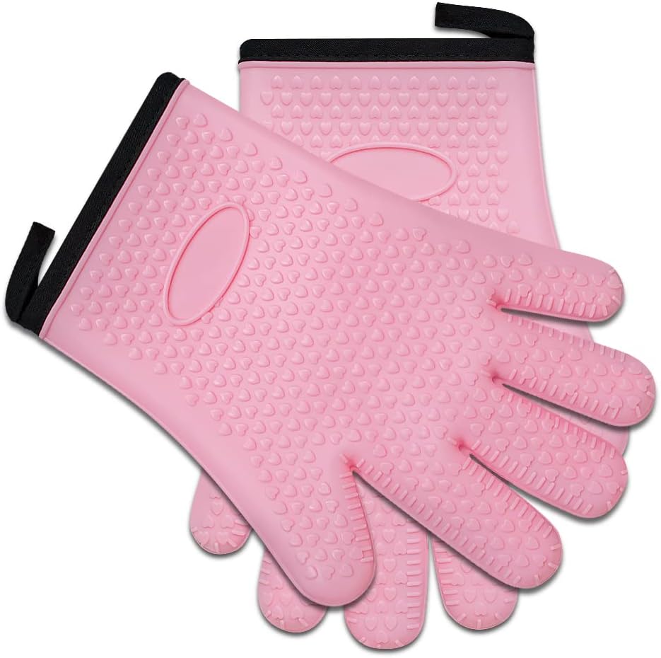 BayCookia BBQ Gloves, Silicone and Cotton Double Layer Heat Resistant Oven Mitts, Waterproof Non-Slip Pot Holders, Kitchen and Outdoor Use for Grilling, Cooking, Baking - Pink