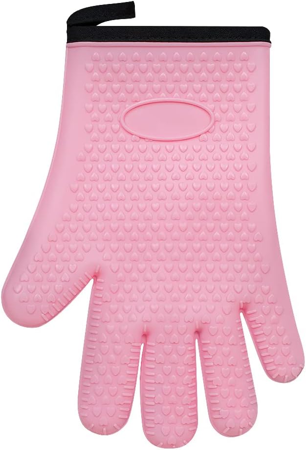 BayCookia BBQ Gloves, Silicone and Cotton Double Layer Heat Resistant Oven Mitts, Waterproof Non-Slip Pot Holders, Kitchen and Outdoor Use for Grilling, Cooking, Baking - Pink