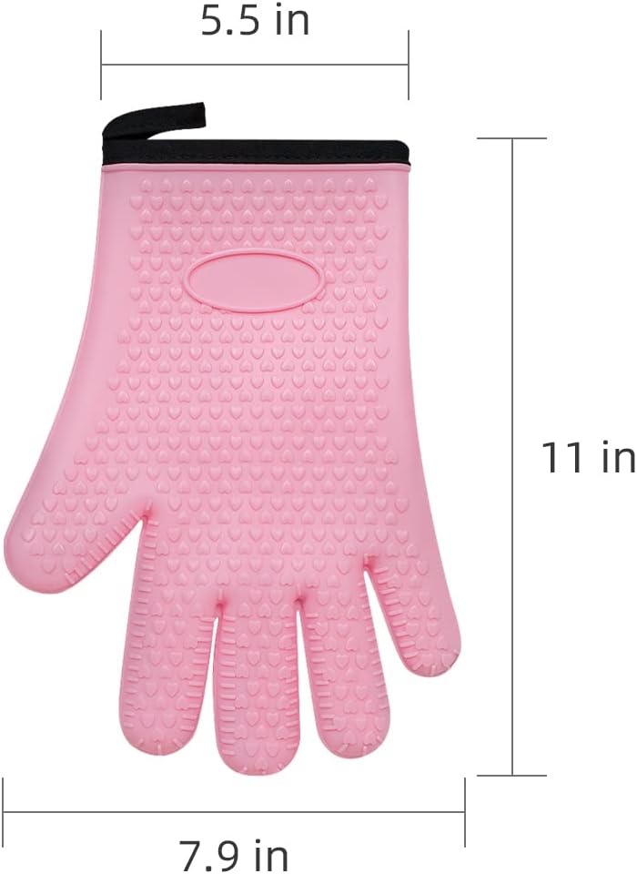 BayCookia BBQ Gloves, Silicone and Cotton Double Layer Heat Resistant Oven Mitts, Waterproof Non-Slip Pot Holders, Kitchen and Outdoor Use for Grilling, Cooking, Baking - Pink