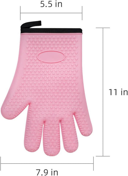 BayCookia BBQ Gloves, Silicone and Cotton Double Layer Heat Resistant Oven Mitts, Waterproof Non-Slip Pot Holders, Kitchen and Outdoor Use for Grilling, Cooking, Baking - Pink
