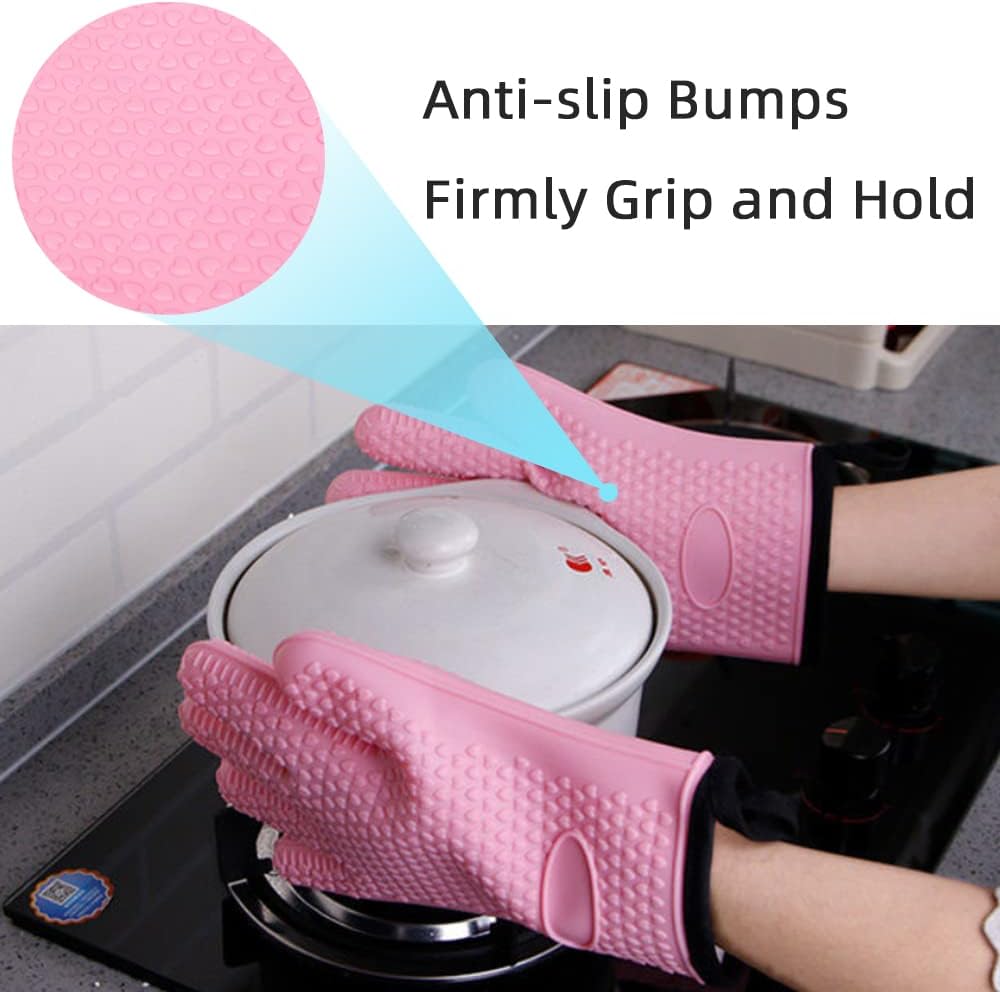 BayCookia BBQ Gloves, Silicone and Cotton Double Layer Heat Resistant Oven Mitts, Waterproof Non-Slip Pot Holders, Kitchen and Outdoor Use for Grilling, Cooking, Baking - Pink