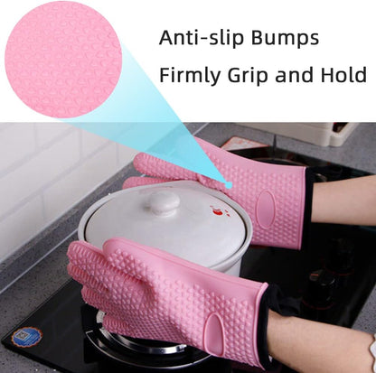 BayCookia BBQ Gloves, Silicone and Cotton Double Layer Heat Resistant Oven Mitts, Waterproof Non-Slip Pot Holders, Kitchen and Outdoor Use for Grilling, Cooking, Baking - Pink