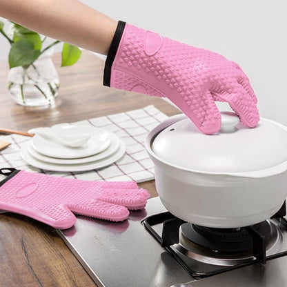 BayCookia BBQ Gloves, Silicone and Cotton Double Layer Heat Resistant Oven Mitts, Waterproof Non-Slip Pot Holders, Kitchen and Outdoor Use for Grilling, Cooking, Baking - Pink