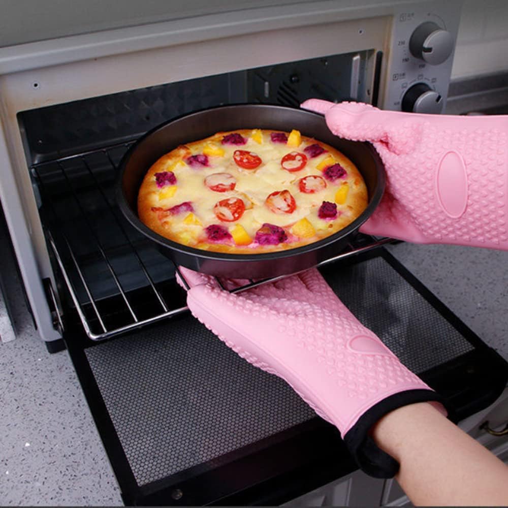 BayCookia BBQ Gloves, Silicone and Cotton Double Layer Heat Resistant Oven Mitts, Waterproof Non-Slip Pot Holders, Kitchen and Outdoor Use for Grilling, Cooking, Baking - Pink