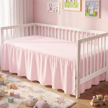 Pink Linen Shirred Crib Skirts for Girls Dust Ruffle Bed Skirts, Fits 28''x 52'' with 14" Drop Crib Bedding Skirt for Girls Boys Nursery Toddler