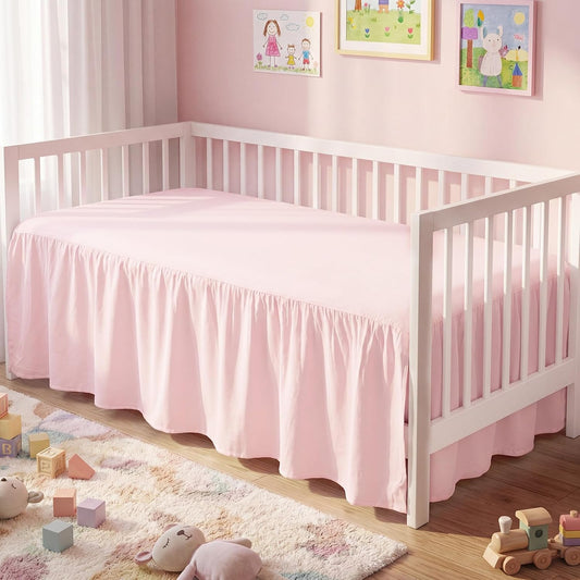 Pink Linen Shirred Crib Skirts for Girls Dust Ruffle Bed Skirts, Fits 28''x 52'' with 14" Drop Crib Bedding Skirt for Girls Boys Nursery Toddler