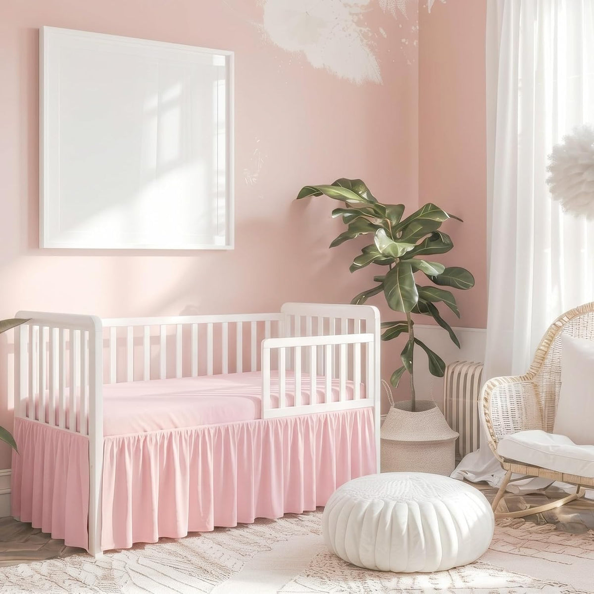 Pink Linen Shirred Crib Skirts for Girls Dust Ruffle Bed Skirts, Fits 28''x 52'' with 14" Drop Crib Bedding Skirt for Girls Boys Nursery Toddler