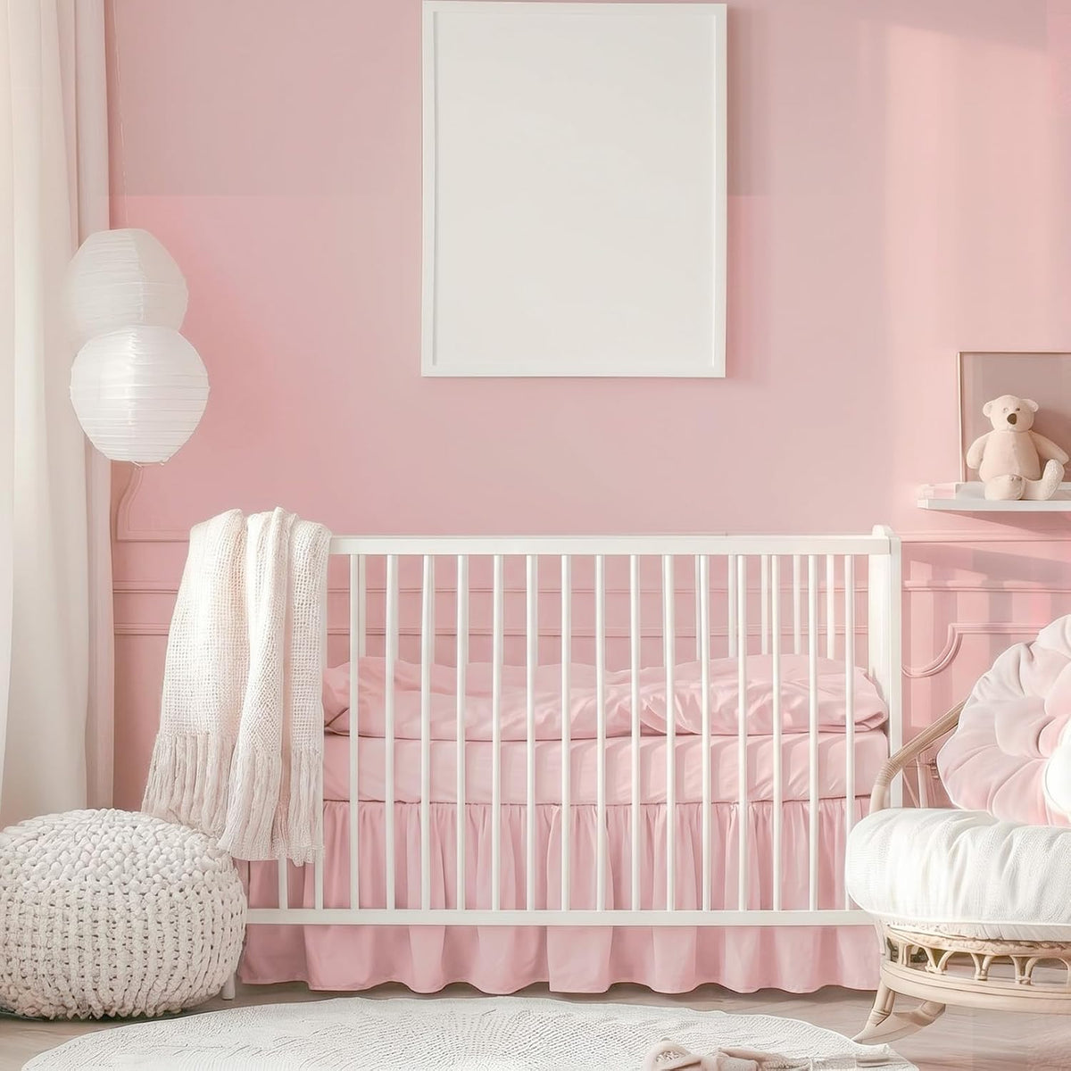 Pink Linen Shirred Crib Skirts for Girls Dust Ruffle Bed Skirts, Fits 28''x 52'' with 14" Drop Crib Bedding Skirt for Girls Boys Nursery Toddler