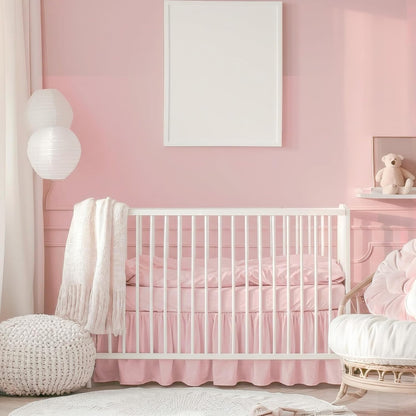 Pink Linen Shirred Crib Skirts for Girls Dust Ruffle Bed Skirts, Fits 28''x 52'' with 14" Drop Crib Bedding Skirt for Girls Boys Nursery Toddler