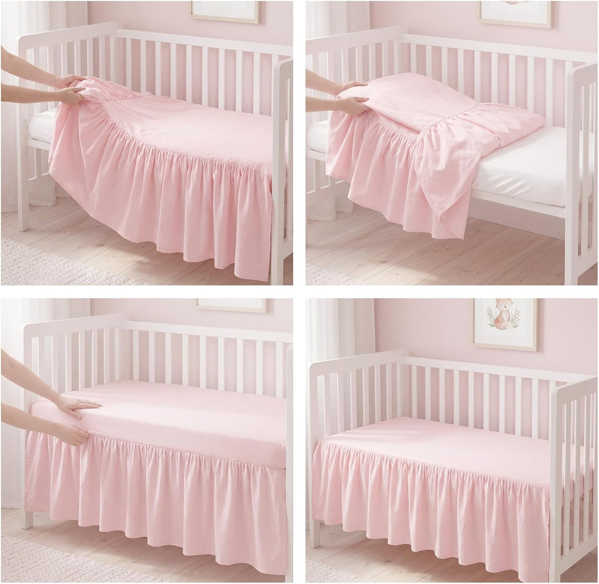 Pink Linen Shirred Crib Skirts for Girls Dust Ruffle Bed Skirts, Fits 28''x 52'' with 14" Drop Crib Bedding Skirt for Girls Boys Nursery Toddler