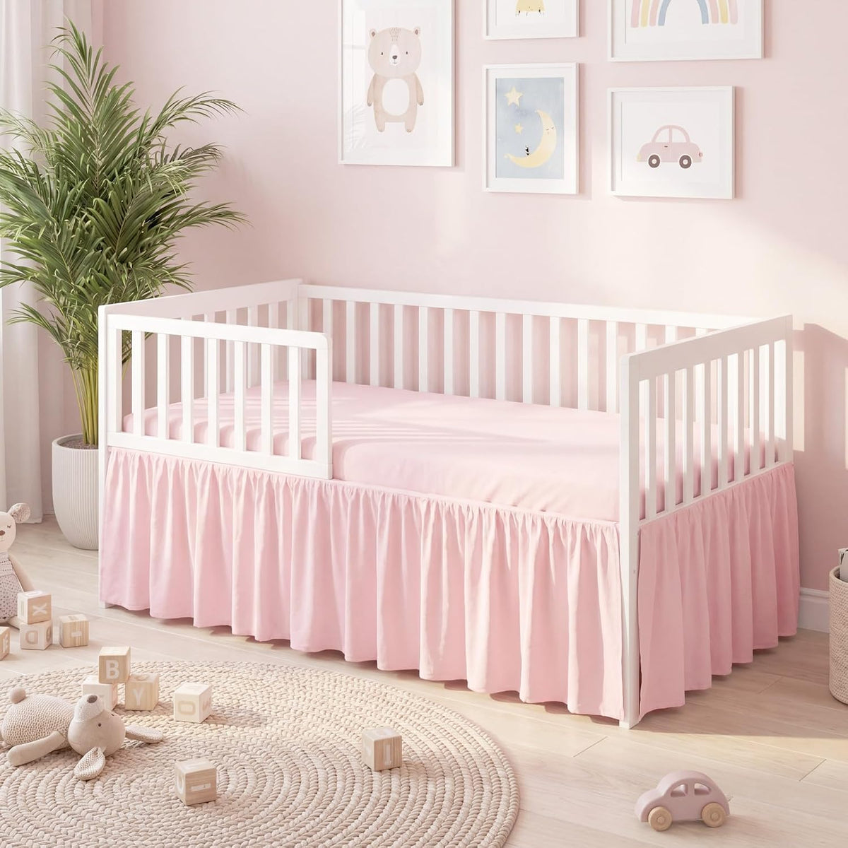 Pink Linen Shirred Crib Skirts for Girls Dust Ruffle Bed Skirts, Fits 28''x 52'' with 14" Drop Crib Bedding Skirt for Girls Boys Nursery Toddler