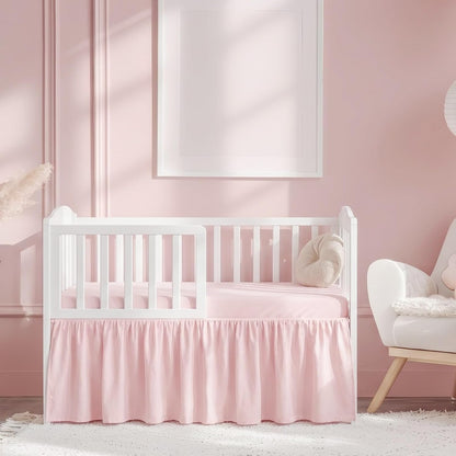 Pink Linen Shirred Crib Skirts for Girls Dust Ruffle Bed Skirts, Fits 28''x 52'' with 14" Drop Crib Bedding Skirt for Girls Boys Nursery Toddler