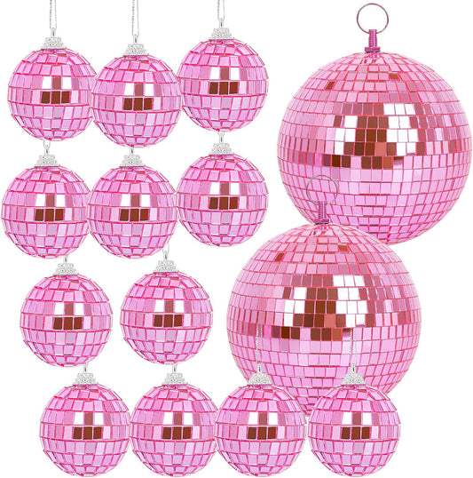 Mirror Balls, 14 Pack Disco Ball Ornaments Hanging Disco Mirror Ball for DJ Stage Club Wedding Holiday Home Party Decor, 6 Inch, 2 Inch (Pink)