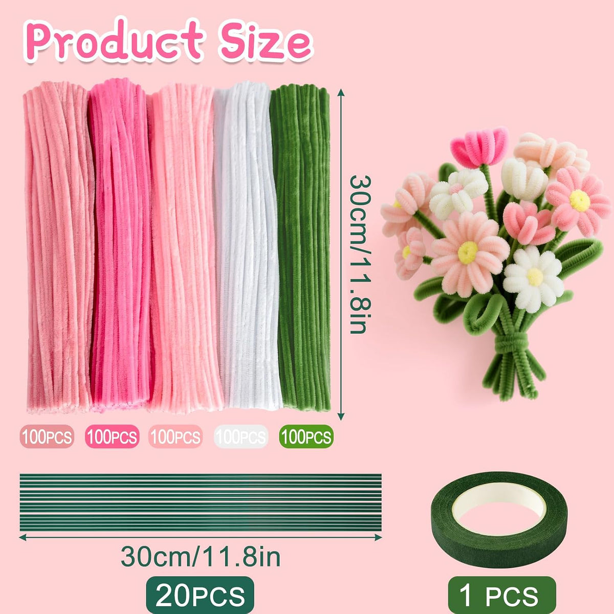 521 Pcs 5 Colors Art Chenille Stems Pipe Cleaners Flower Making Kit