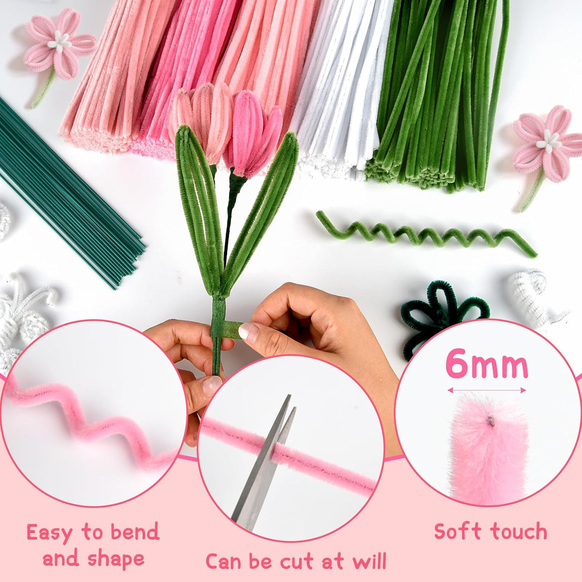 521 Pcs 5 Colors Art Chenille Stems Pipe Cleaners Flower Making Kit