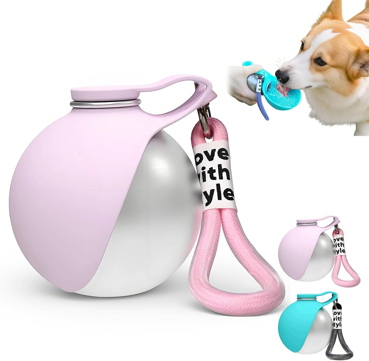 Clawly Dog Water,2 in 1 Portable Dog Water Bottle 10 Oz,Leak-Proof Design with Carabiner and Silicone Foldable Bowl,Portable Small Dog Water Bottle for Outdoor Hiking Walking (Pink)