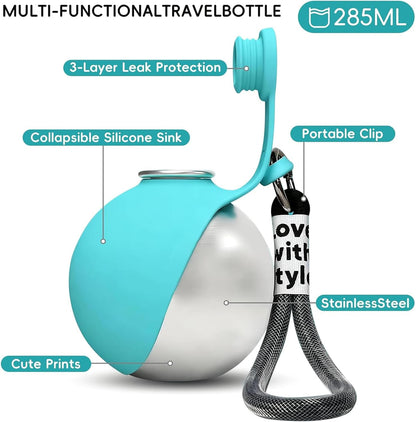 Clawly Dog Water,2 in 1 Portable Dog Water Bottle 10 Oz,Leak-Proof Design with Carabiner and Silicone Foldable Bowl,Portable Small Dog Water Bottle for Outdoor Hiking Walking (Pink)