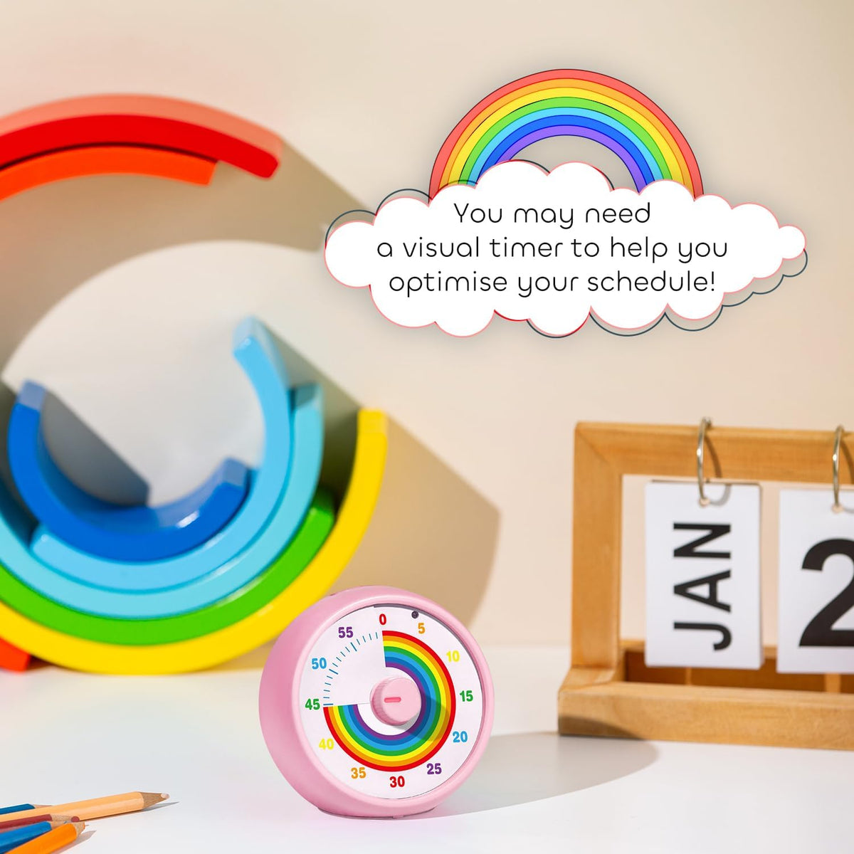 Visual Timer for Kids, 60-Minute Countdown Timer for Classroom Office Kitchen, Desk Timer Kids Time Management Tools with Silent Operation, Pomodoro Time Rainbow Pattern (Pink)