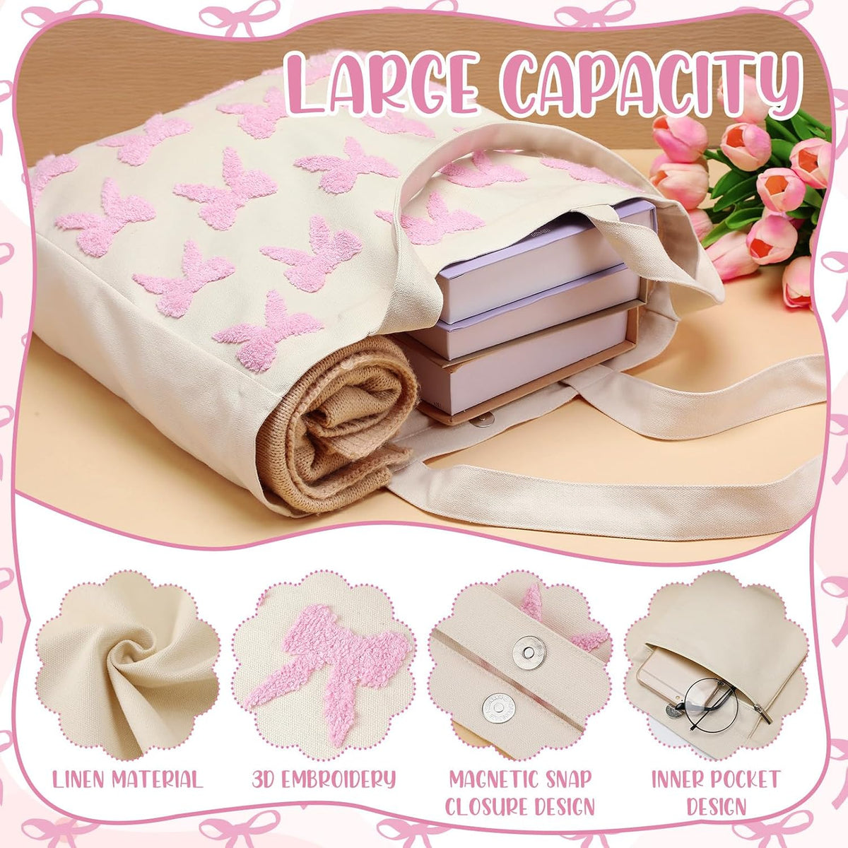 Aesthetic Embroidery Tote Bag for Women Floral Reusable Canvas Cute Shoulder Bag for Gym Shopping