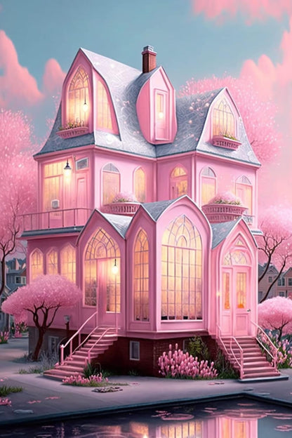 DIY Pink House Diamond Painting Kits, Diamond Painting Embroidery Round Rhinestone Adult Creative Art for Home Decor Room Decor Fun Gift 8X12 inch
