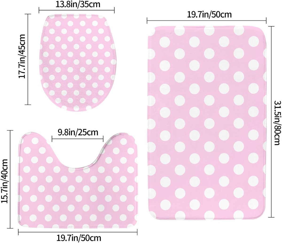 Light Pink Polka Dot Print B Bathroom Rugs Sets 3 Piece - Absorbent Non Slip Washable Bath Mats, U-Shape Toilet Lid Cover, Contour Mat, Soft Shower Mats Bath Rug Mat for Bathroom Toilet Tub