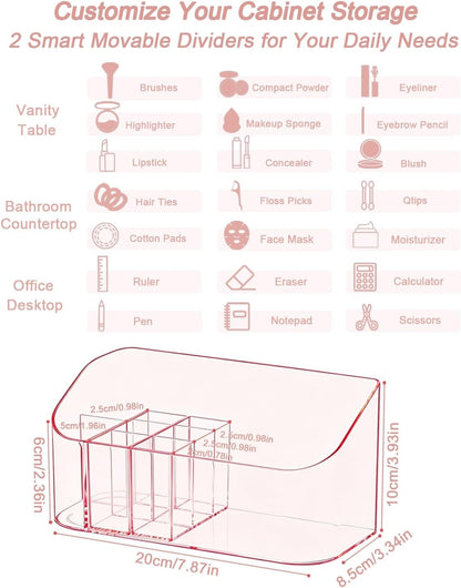 Makeup Tray Holder Organizer Cosmetic Display Case Tabletop Desktop Vanity Countertop Bathroom Wall Cabinet Medicine Storage Box 9 Dividers 2 Removable Women Ladies Girls Gifts Crystal Pink 1 PACK
