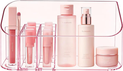 Makeup Tray Holder Organizer Cosmetic Display Case Tabletop Desktop Vanity Countertop Bathroom Wall Cabinet Medicine Storage Box 9 Dividers 2 Removable Women Ladies Girls Gifts Crystal Pink 1 PACK