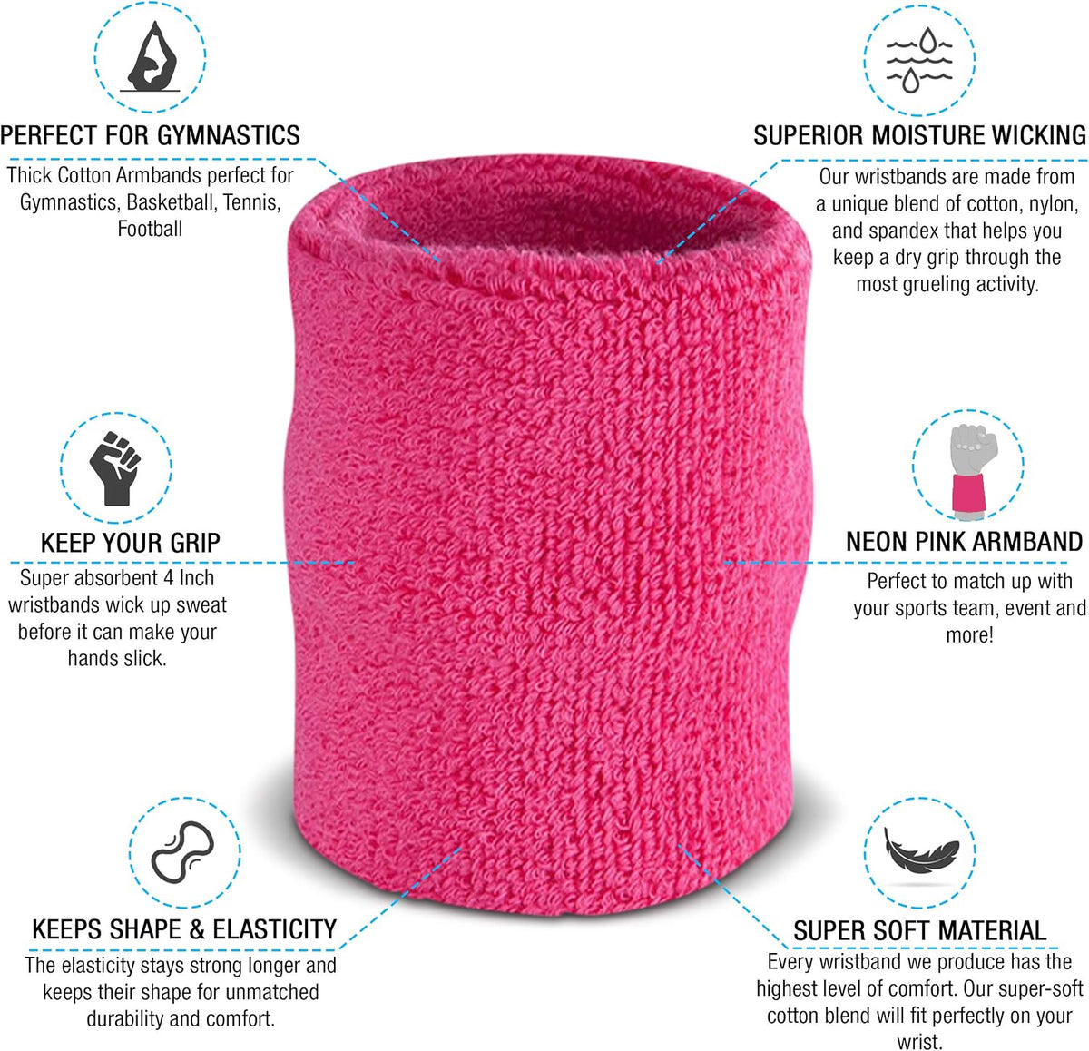 Arm Sweatbands, Absorbent and Breathable Thick Cotton Bands for Working Out, Gymnastics, Basketball, Tennis, and Football, Multiuse 4-inch Wristbands for Costumes and Cosplay