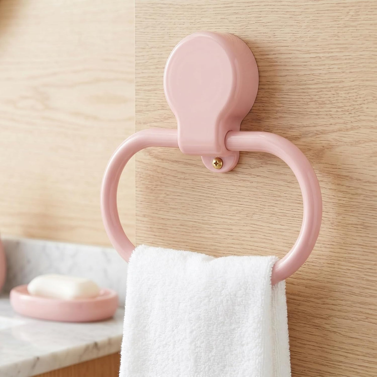 Pink Adhesive Towel Ring, No Drill Hand Towel Holder