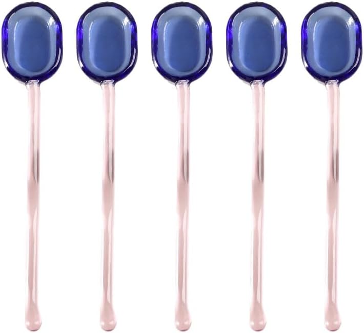 (5 Pieces) Milk Dessert Spoon Colorful Pastoral Transparent Heat-resistant Glass Cute Long-handled Coffee Stirring (Pink)