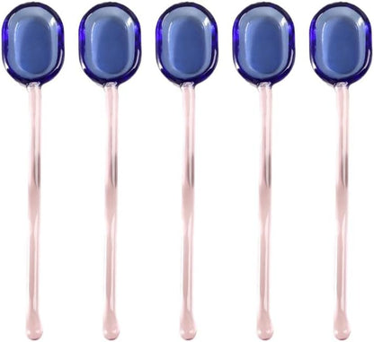 (5 Pieces) Milk Dessert Spoon Colorful Pastoral Transparent Heat-resistant Glass Cute Long-handled Coffee Stirring (Pink)