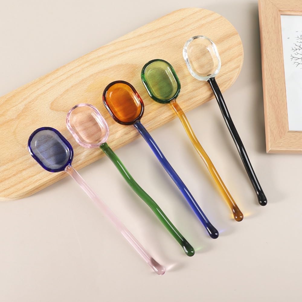 (5 Pieces) Milk Dessert Spoon Colorful Pastoral Transparent Heat-resistant Glass Cute Long-handled Coffee Stirring (Pink)